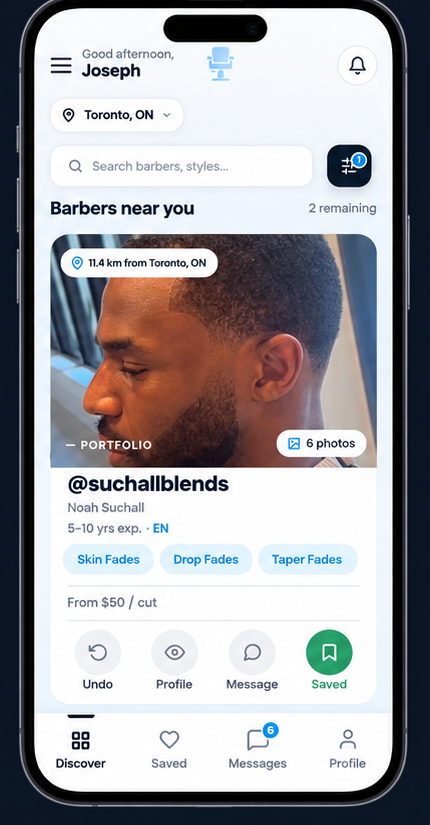The Chair app showing a barber's portfolio, reviews, and booking actions